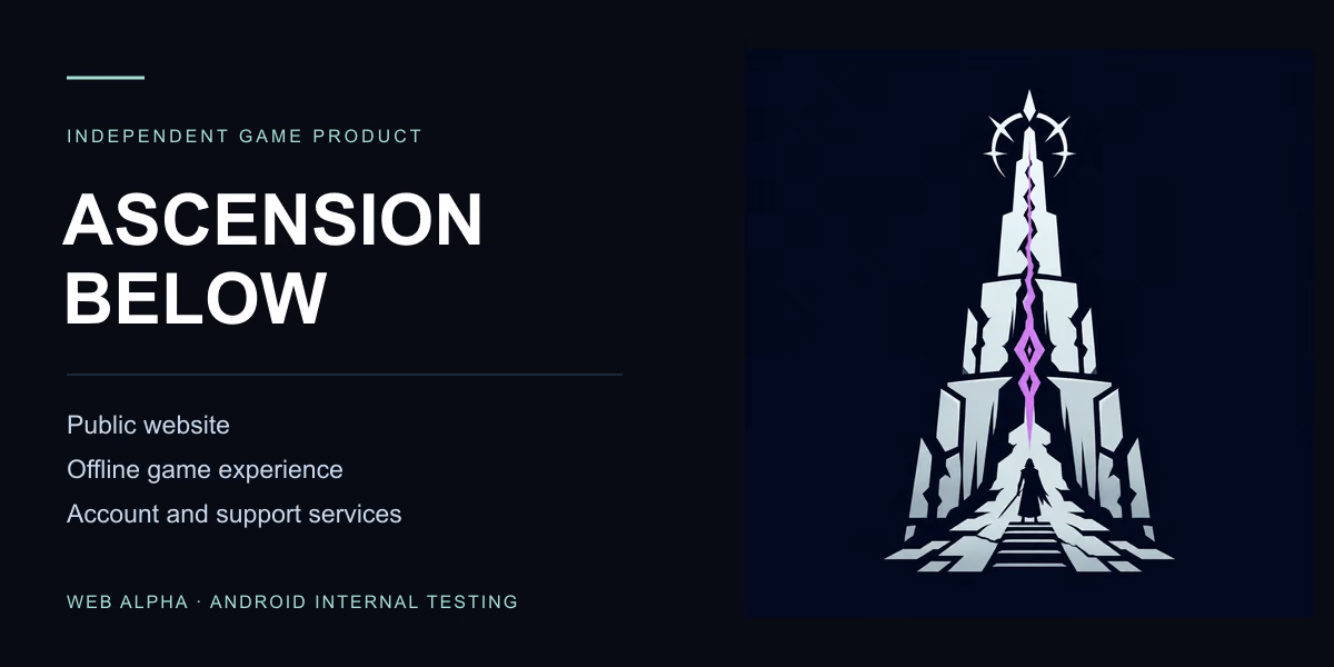 Ascension Below artwork with its website, offline game and account services shown as one product